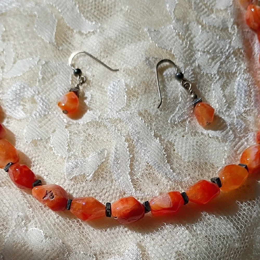 Elegant Orange Beaded Carnela Necklace and Earring Set